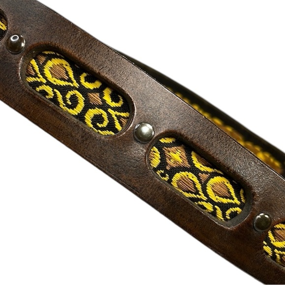 VTG Chunky Leather Studded Jacquard Belt, Wide Unisex Bohemian Tapestry Moto - Picture 4 of 12